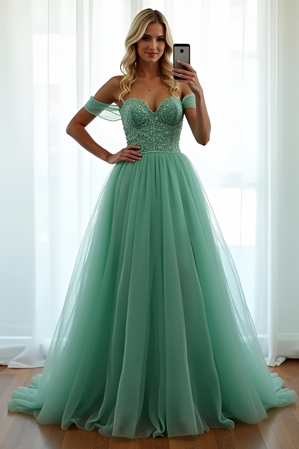 Grün A Linien Schulterfrei Tüll Langes Abendkleid