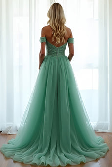 Grün A Linien Schulterfrei Tüll Langes Abendkleid