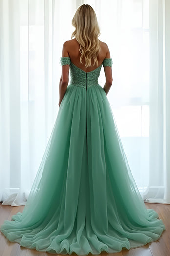 Grün A Linien Schulterfrei Tüll Langes Abendkleid