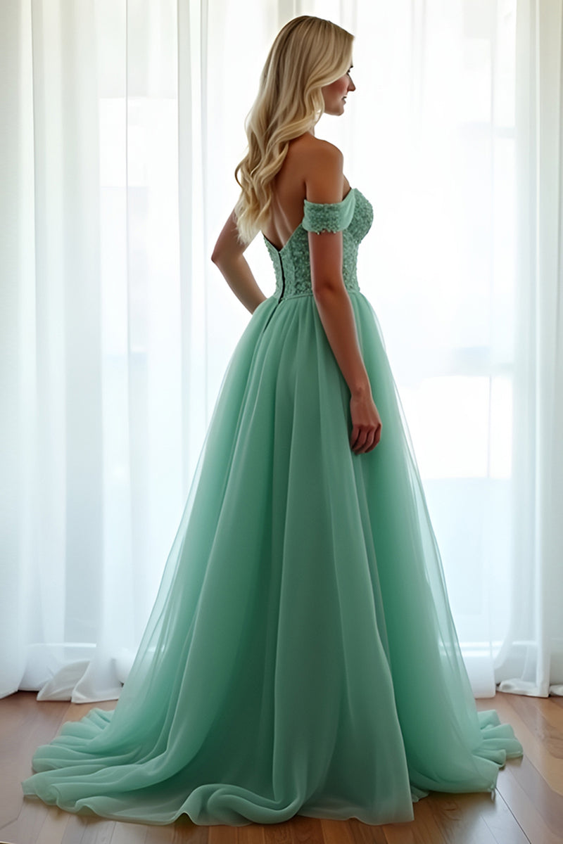 Laden Sie das Bild in den Galerie-Viewer, Grün A Linien Schulterfrei Tüll Langes Abendkleid