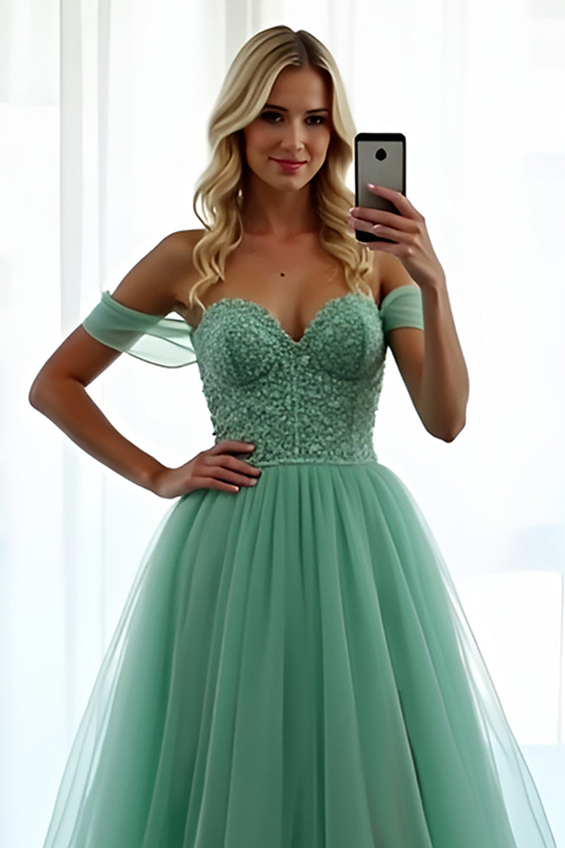 Laden Sie das Bild in den Galerie-Viewer, Grün A Linien Schulterfrei Tüll Langes Abendkleid