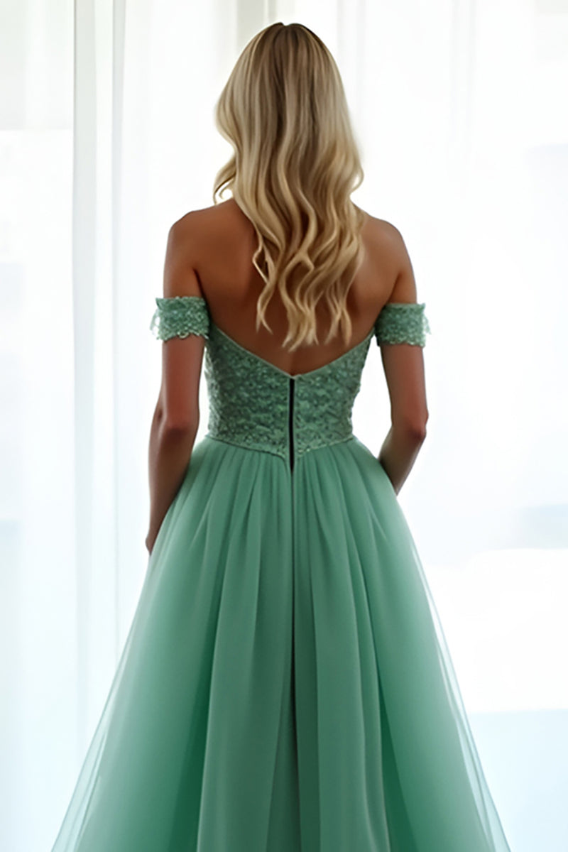 Laden Sie das Bild in den Galerie-Viewer, Grün A Linien Schulterfrei Tüll Langes Abendkleid