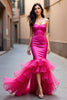 Laden Sie das Bild in den Galerie-Viewer, Fuchsia Meerjungfrau Rückenfrei Hochtief Langes Abendkleid mit Rüschen