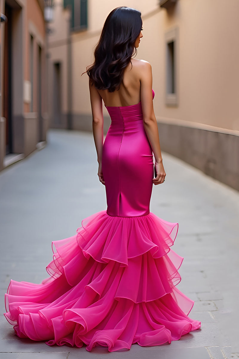 Laden Sie das Bild in den Galerie-Viewer, Fuchsia Meerjungfrau Rückenfrei Hochtief Langes Abendkleid mit Rüschen