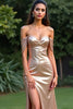 Laden Sie das Bild in den Galerie-Viewer, Glitzer Rosa Schulterfrei Langes Abendkleid mit Schlitz