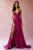 Laden Sie das Bild in den Galerie-Viewer, Fuchsia A Linien Rückenfrei Satin Spaghettiträger Langes Abendkleid mit Schlitz