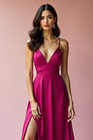 Laden Sie das Bild in den Galerie-Viewer, Fuchsia A Linien Rückenfrei Satin Spaghettiträger Langes Abendkleid mit Schlitz