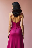 Laden Sie das Bild in den Galerie-Viewer, Fuchsia A Linien Rückenfrei Satin Spaghettiträger Langes Abendkleid mit Schlitz
