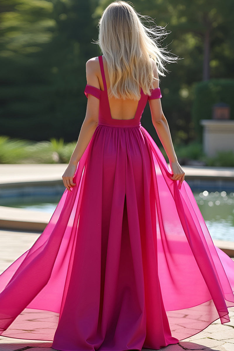 Laden Sie das Bild in den Galerie-Viewer, Fuchsia A Linien Rückenfrei Langes Abendkleid