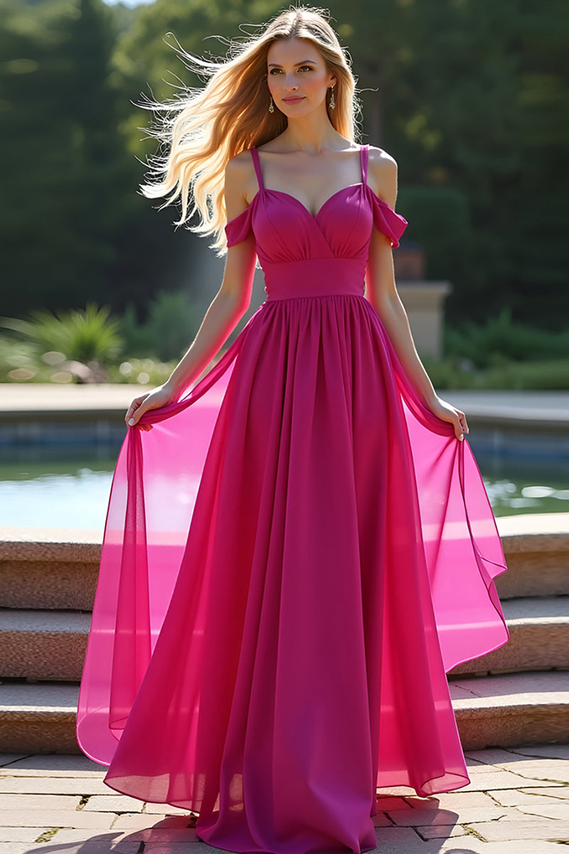 Laden Sie das Bild in den Galerie-Viewer, Fuchsia A Linien Rückenfrei Langes Abendkleid