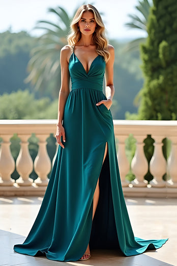 Grün A Linien Rückenfrei Satin Langes Abendkleid mit Schlitz