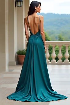Grün A Linien Rückenfrei Satin Langes Abendkleid mit Schlitz