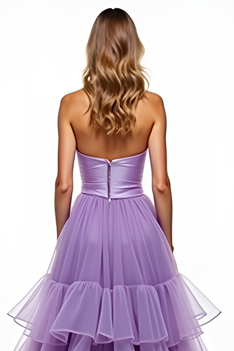 Laden Sie das Bild in den Galerie-Viewer, Lila A Linien Schulterfrei Tüll Langes Abendkleid mit Schlitz