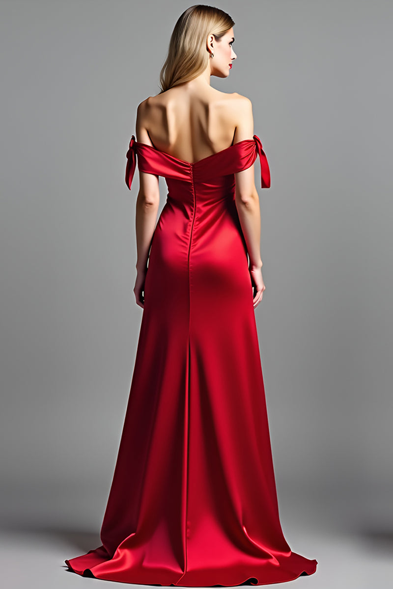 Laden Sie das Bild in den Galerie-Viewer, Rot Etui Schulterfrei Satin Langes Abendkleid mit Schlitz
