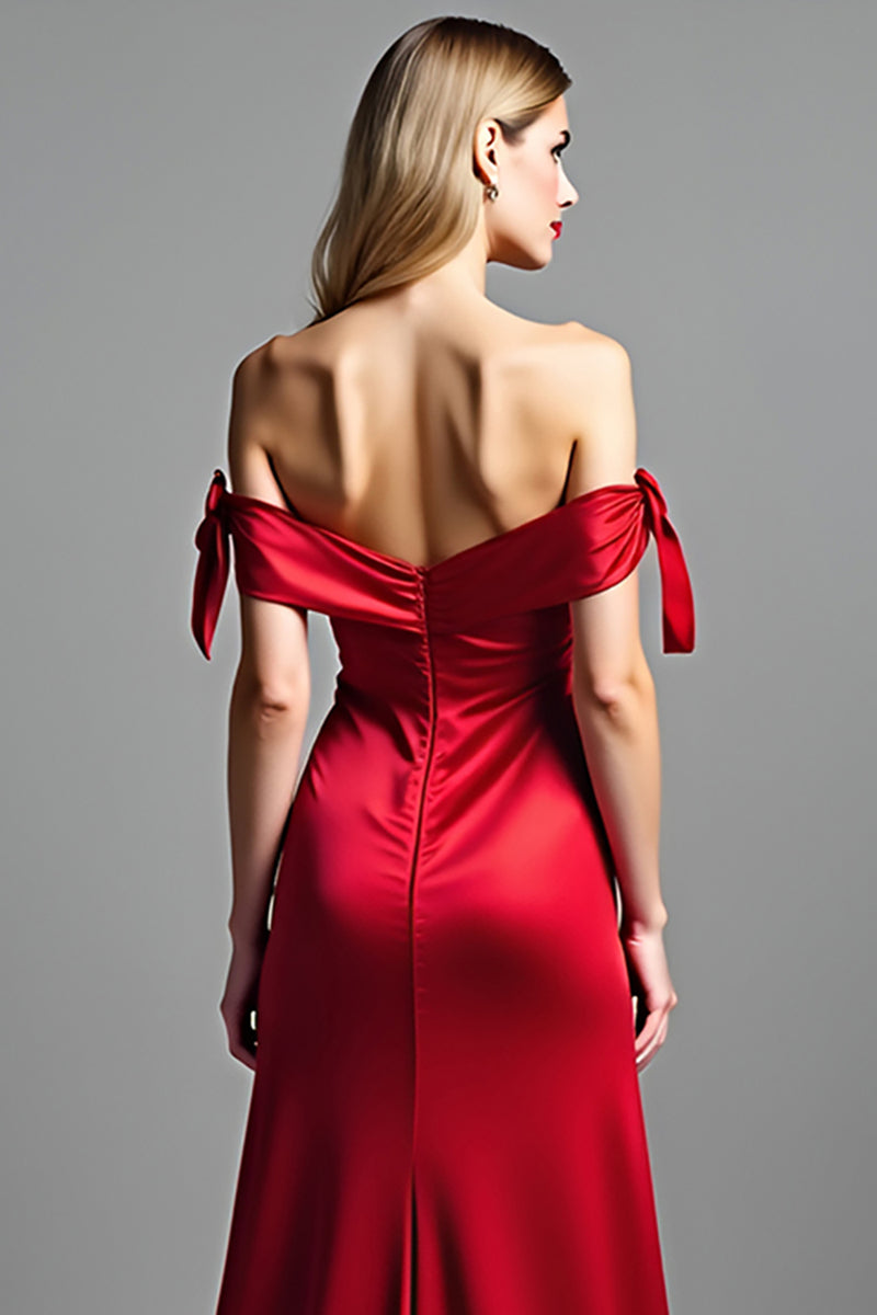 Laden Sie das Bild in den Galerie-Viewer, Rot Etui Schulterfrei Satin Langes Abendkleid mit Schlitz