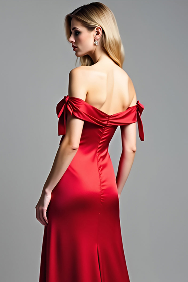 Laden Sie das Bild in den Galerie-Viewer, Rot Etui Schulterfrei Satin Langes Abendkleid mit Schlitz