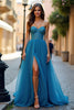 Laden Sie das Bild in den Galerie-Viewer, Glitzer Blau Schulterfrei A Linien Langes Abendkleid mit Schlitz