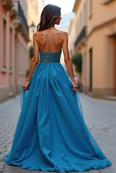 Glitzer Blau Schulterfrei A Linien Langes Abendkleid mit Schlitz