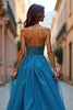 Laden Sie das Bild in den Galerie-Viewer, Glitzer Blau Schulterfrei A Linien Langes Abendkleid mit Schlitz