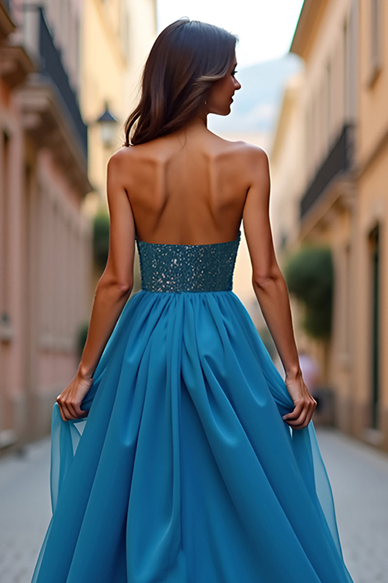 Laden Sie das Bild in den Galerie-Viewer, Glitzer Blau Schulterfrei A Linien Langes Abendkleid mit Schlitz
