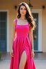 Laden Sie das Bild in den Galerie-Viewer, Fuchsia A Linien Satin Karree Langes Abendkleid mit Schlitz