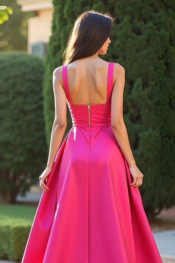 Fuchsia A Linien Satin Karree Langes Abendkleid mit Schlitz
