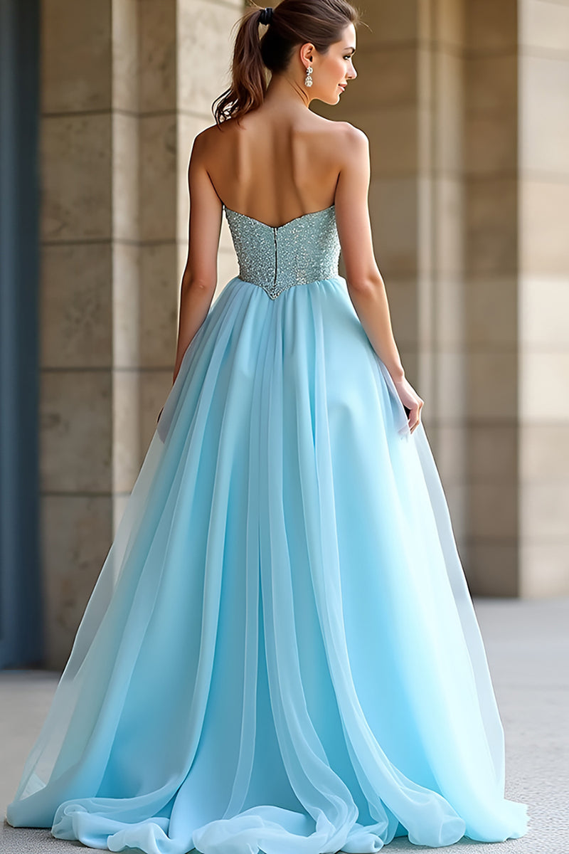 Laden Sie das Bild in den Galerie-Viewer, Hellblau A Linien Schulterfrei Pailletten Langes Abendkleid mit Schlitz