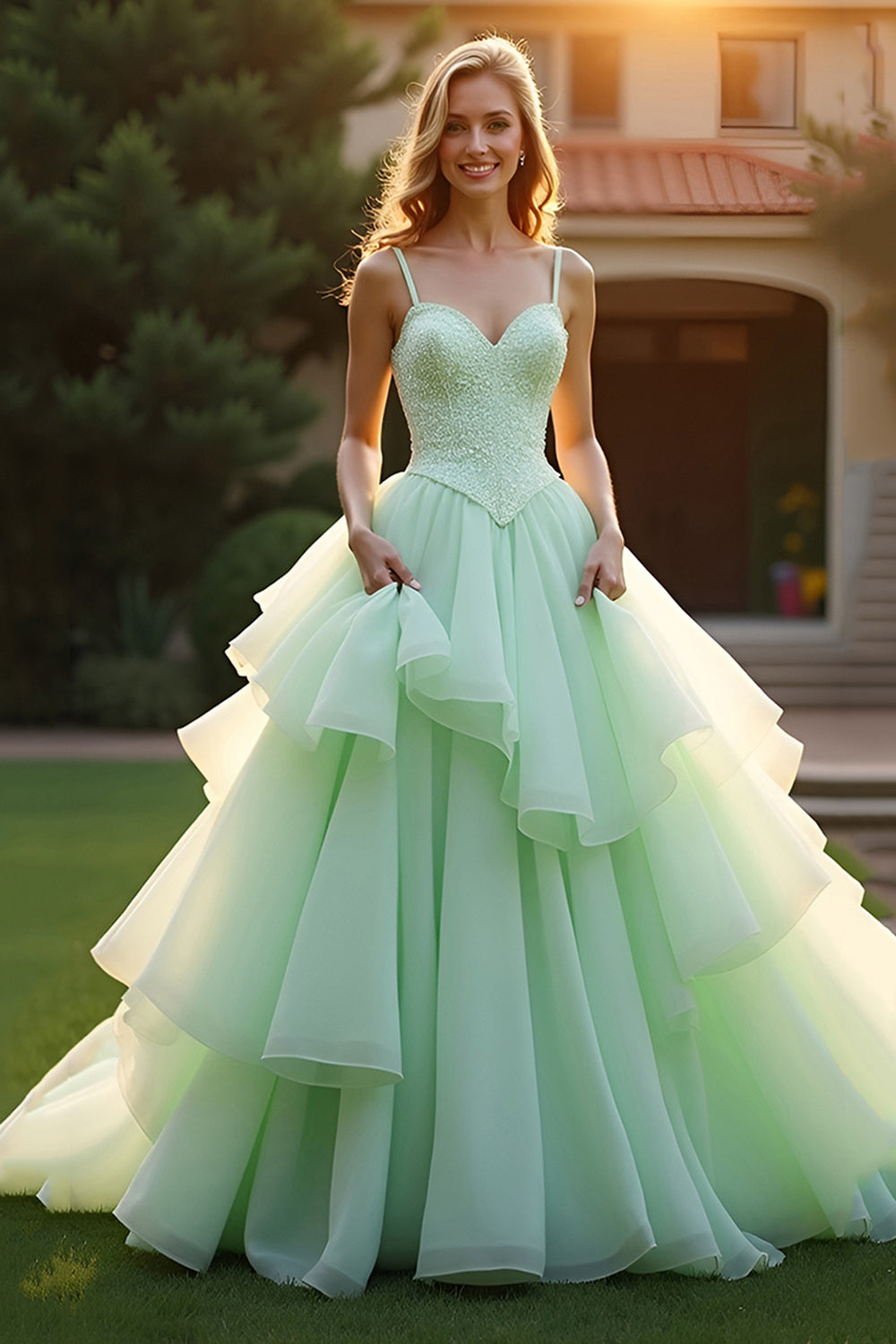 Grün A Linien Spaghettiträger Pailletten Langes Abendkleid mit Rüschen