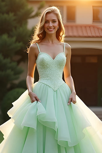Grün A Linien Spaghettiträger Pailletten Langes Abendkleid mit Rüschen