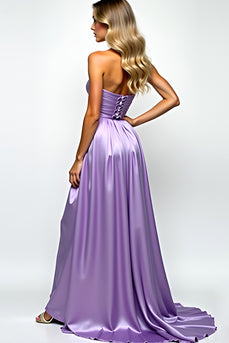 Lila A LInien Schulterfrei Satin Langes Abendkleid mit Schlitz