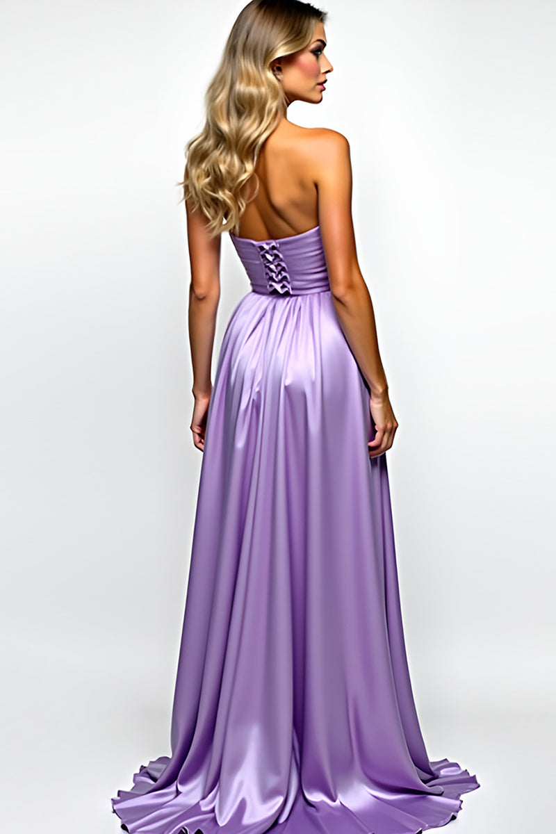 Laden Sie das Bild in den Galerie-Viewer, Lila A LInien Schulterfrei Satin Langes Abendkleid mit Schlitz