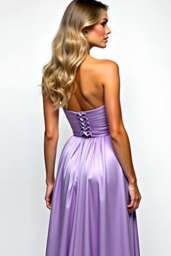 Lila A LInien Schulterfrei Satin Langes Abendkleid mit Schlitz