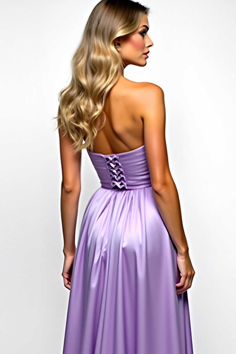 Laden Sie das Bild in den Galerie-Viewer, Lila A LInien Schulterfrei Satin Langes Abendkleid mit Schlitz
