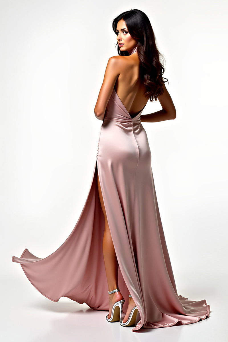 Laden Sie das Bild in den Galerie-Viewer, Rosa A Linien Neckholder Satin Langes Abendkleid mit Schlitz