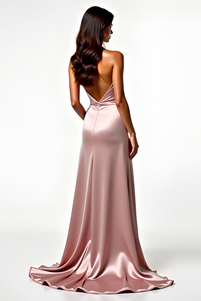 Laden Sie das Bild in den Galerie-Viewer, Rosa A Linien Neckholder Satin Langes Abendkleid mit Schlitz