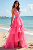 Laden Sie das Bild in den Galerie-Viewer, Glitzer Rosa A Linien V-Ausschnitt Tüll Langes Abendkleid mit Rüschen