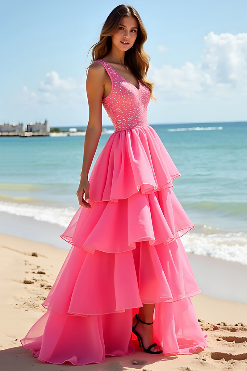 Laden Sie das Bild in den Galerie-Viewer, Glitzer Rosa A Linien V-Ausschnitt Tüll Langes Abendkleid mit Rüschen