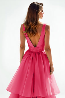 Glitzer Rosa A Linien V-Ausschnitt Tüll Langes Abendkleid mit Rüschen