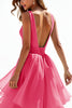 Laden Sie das Bild in den Galerie-Viewer, Glitzer Rosa A Linien V-Ausschnitt Tüll Langes Abendkleid mit Rüschen