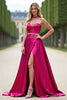 Laden Sie das Bild in den Galerie-Viewer, Glitzer Fuchsia A Linien Schulterfrei Satin Langes Abendkleid mit Schlitz