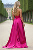 Laden Sie das Bild in den Galerie-Viewer, Glitzer Fuchsia A Linien Schulterfrei Satin Langes Abendkleid mit Schlitz