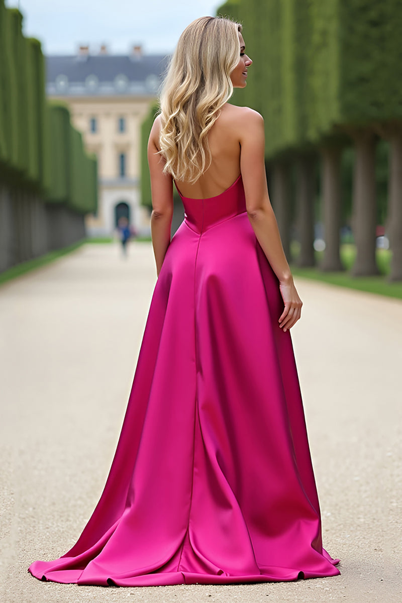 Laden Sie das Bild in den Galerie-Viewer, Glitzer Fuchsia A Linien Schulterfrei Satin Langes Abendkleid mit Schlitz