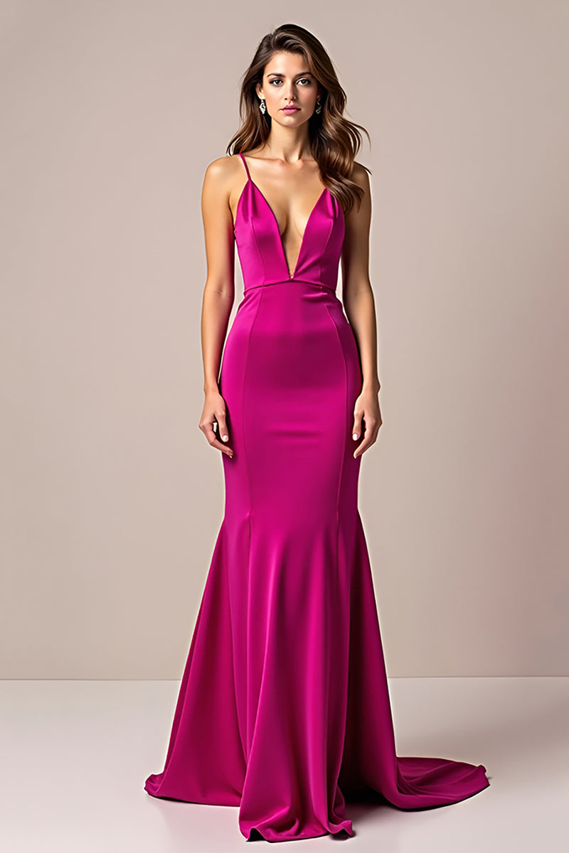 Laden Sie das Bild in den Galerie-Viewer, Fuchsia Meerjungfrau Spaghettiträger Satin Langes Abendkleid