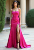 Laden Sie das Bild in den Galerie-Viewer, Fuchsia A Linien Spaghettiträger Satin Langes Abendkleid mit Schlitz
