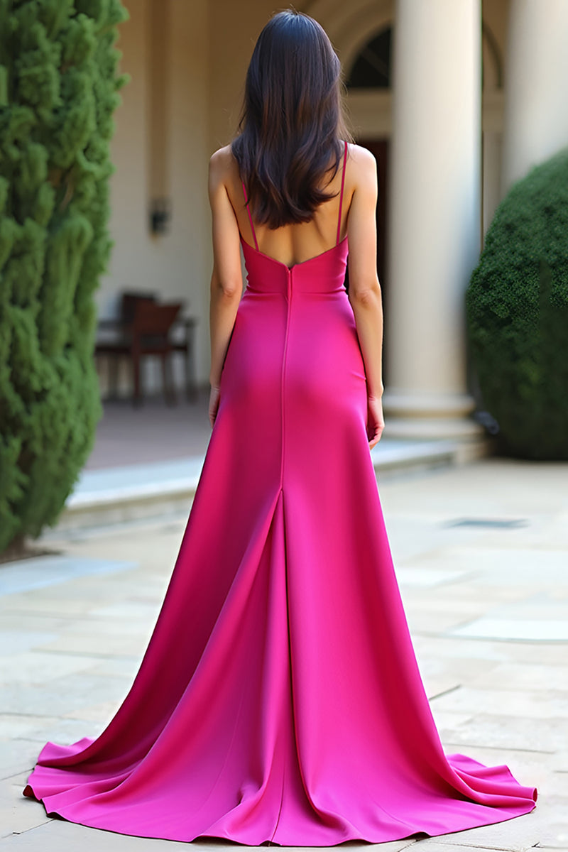 Laden Sie das Bild in den Galerie-Viewer, Fuchsia A Linien Spaghettiträger Satin Langes Abendkleid mit Schlitz