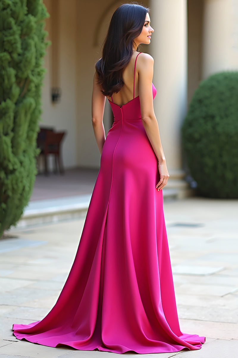 Laden Sie das Bild in den Galerie-Viewer, Fuchsia A Linien Spaghettiträger Satin Langes Abendkleid mit Schlitz