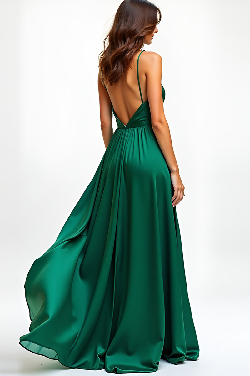 Laden Sie das Bild in den Galerie-Viewer, Dunkelgrün A Linien Spaghettiträger Satin Langes Abendkleid mit Schlitz