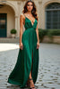 Laden Sie das Bild in den Galerie-Viewer, Dunkelgrün A Linien Spaghettiträger Satin Langes Abendkleid mit Schlitz