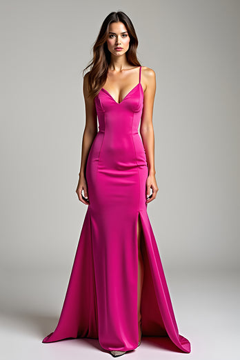 Fuchsia Meerjungfrau Spaghettiträger Satin Langes Abendkleid mit Schlitz