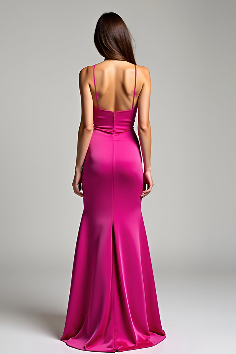 Laden Sie das Bild in den Galerie-Viewer, Fuchsia Meerjungfrau Spaghettiträger Satin Langes Abendkleid mit Schlitz